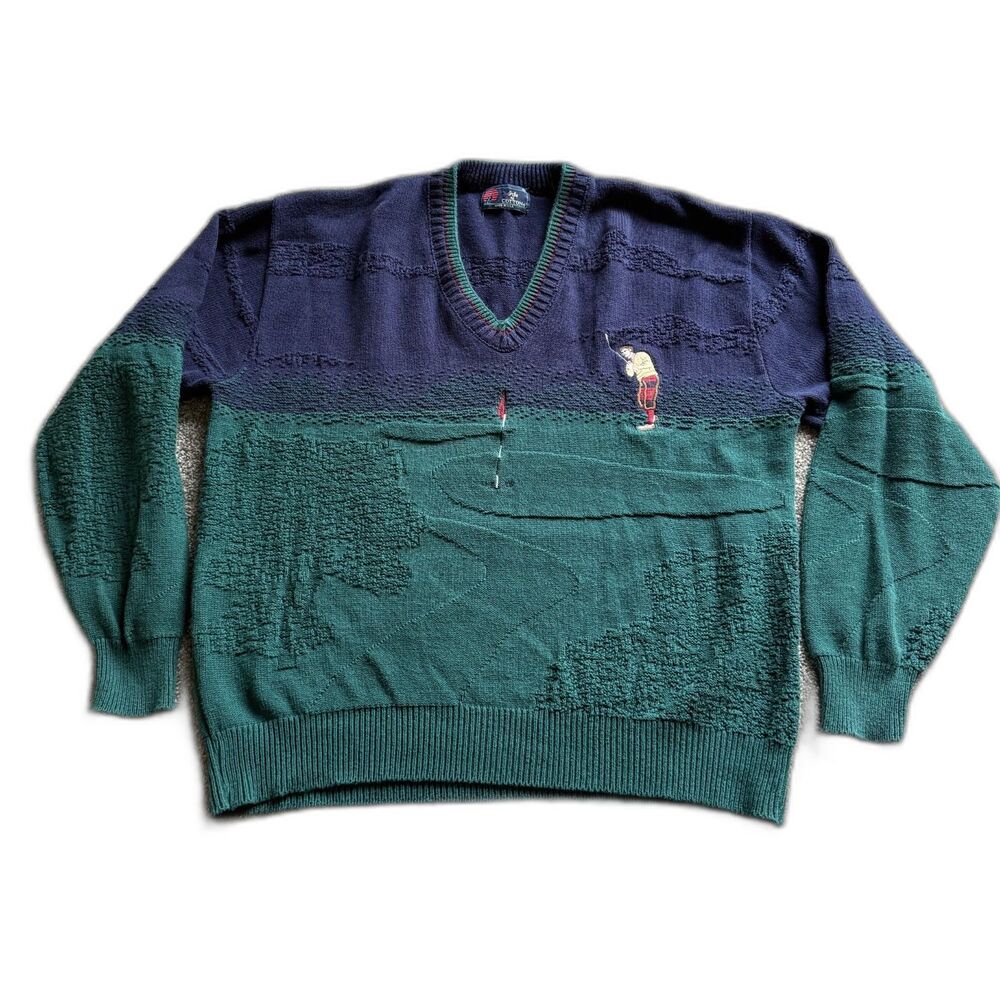 VINTAGE ISLE OF COTTON GOLF SWEATER EMBROIDERED MADE IN USA XL